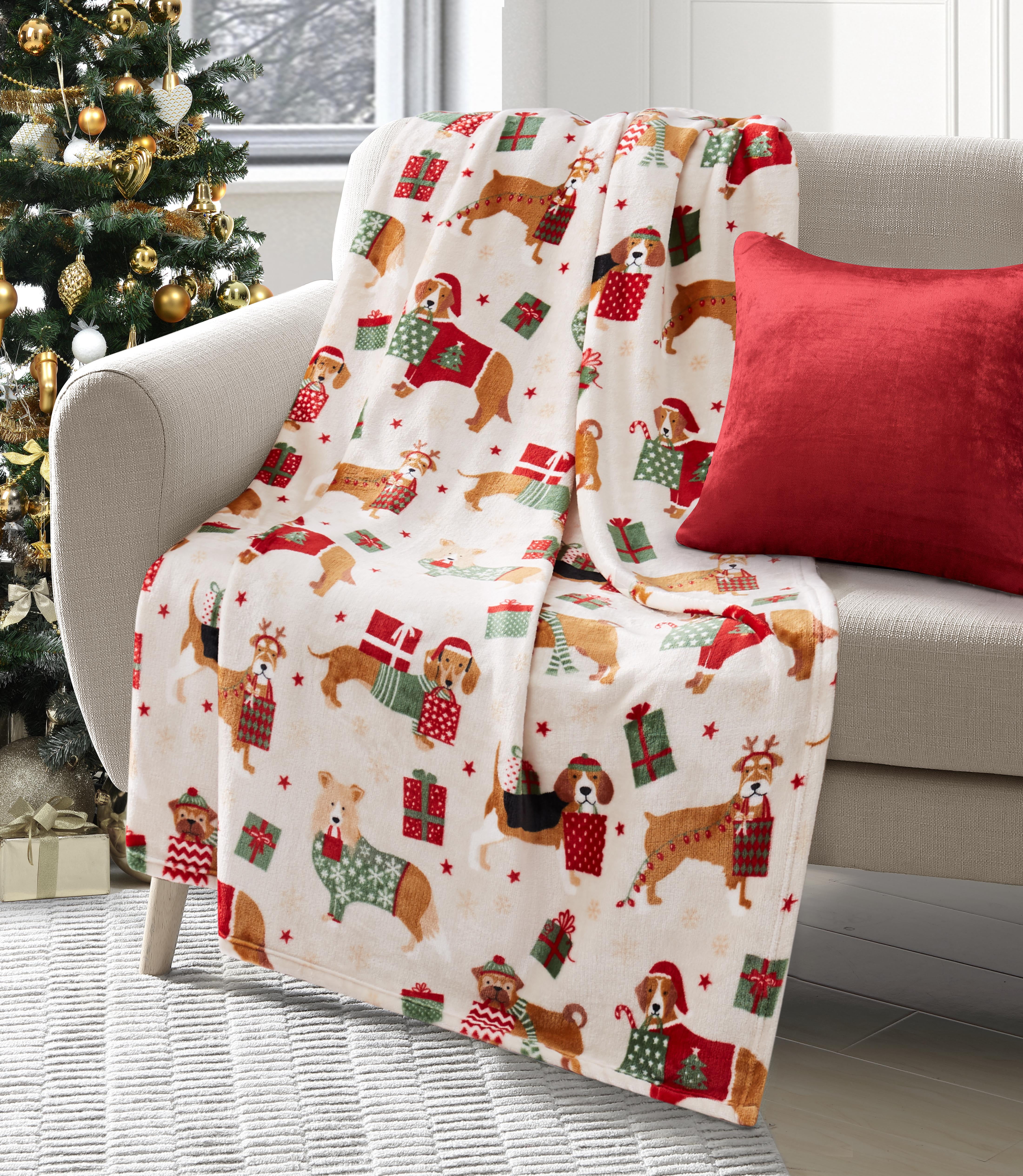ALAZA Home Decor Merry Christmas Puppy Dog Gift Blanket Soft Warm Blankets for Bed Couch Sofa Lightweight Travelling Camping 60 x 50 Inch Throw Size for Boys Women