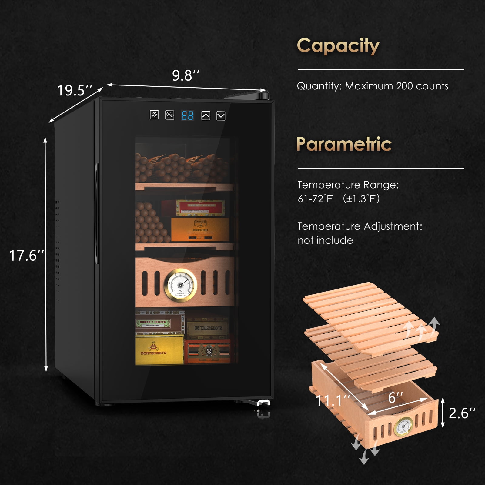 Joreek 25L Electric Humidor 200 Counts Cigar Humidor Cabinet with Cooling Temperature Control Electric Cooling Cigar Fridge with Spanish Cedar Wood Shelves & Hygrometer
