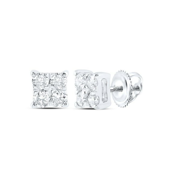 10K White Gold Real Quad Round Diamond Unisex 4.5mm Square Stud Earrings 1/6 CT