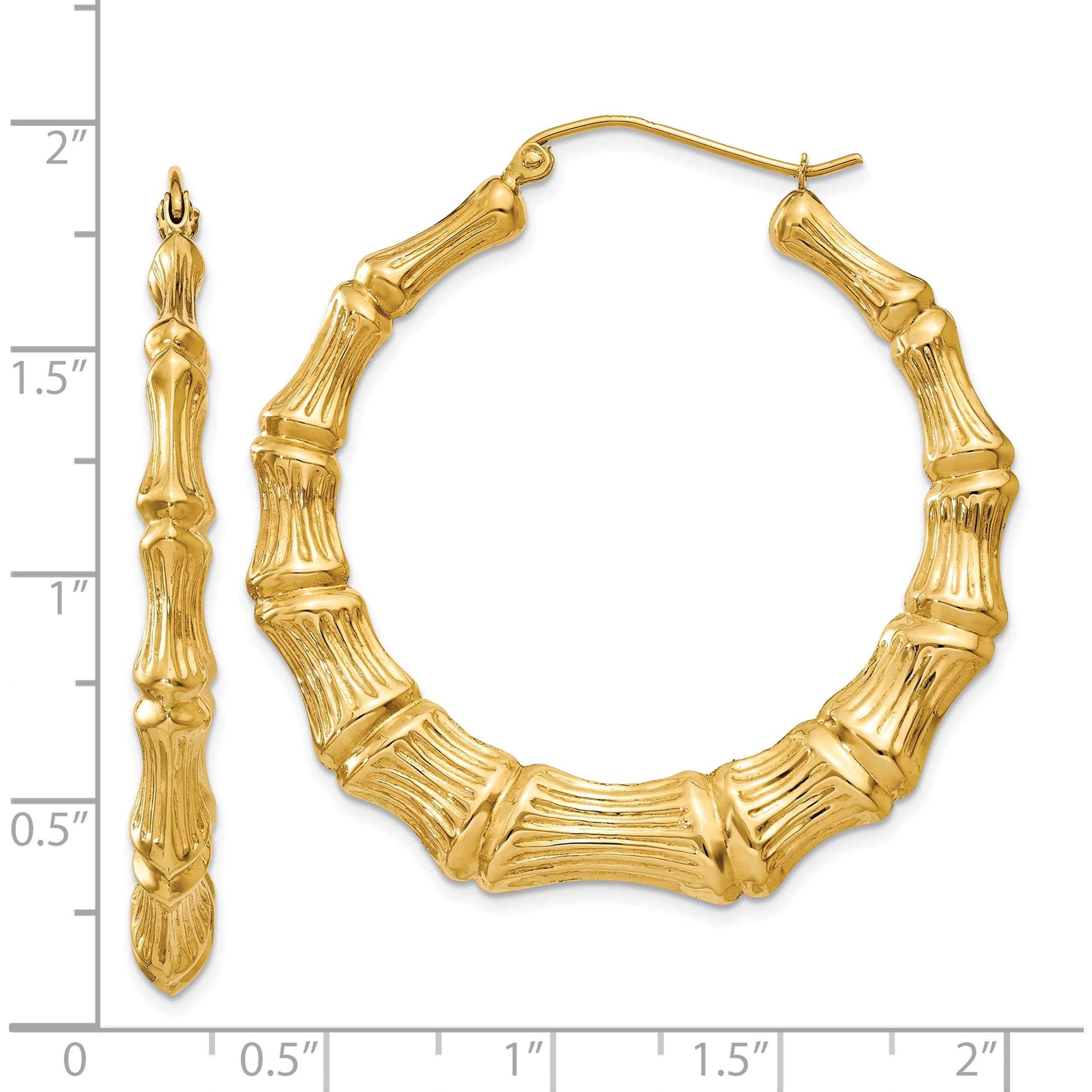 14K Yellow Gold Polished Bamboo Hoop Earrings (33 X 8) Made In