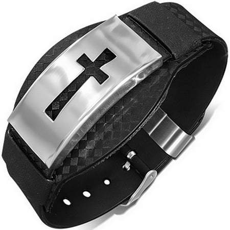 latin silicone religious tone adjustable rubber bracelet stainless cross mens steel silver