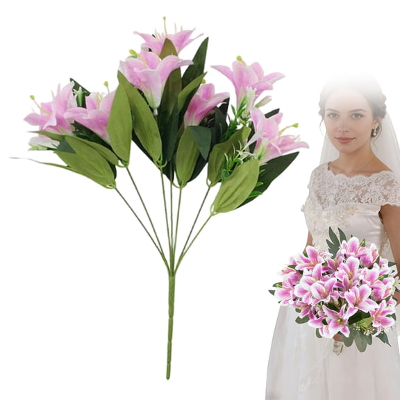 Artificial 9 Heads Lily Flowers Bouquet - Real Touch Fake Lily Flowers Arrangement for Office, Home, Wedding, Valentines Day Decor Gifts for Women, By Preplabs