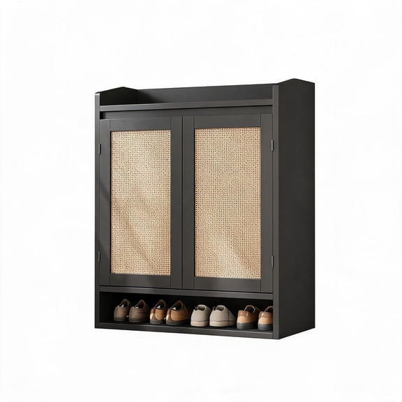 Boho Shoe Storage Cabinet with Rattan Doors, Large Shoe Cabinet for 24-28 Pairs, Adjustable Shelves