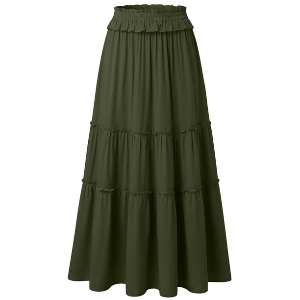 TaTaai Women's Spring Summer Casual Skirt Solid Color Elastic Waist with Pockets Pleated Ankle Length Long Maxi Skirt Soft Stretchy Gift