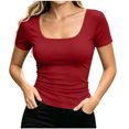 thumbnail image 5 of GUACER Short Sleeve T-Shirts for Women Ribbed Square Neck Casual Solid Slim Fit Basic Tee Tops, 5 of 6