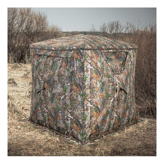 Hunting Blind 2-3 Person Portable Pop Up Ground Tent - Camouflage - Fiberglass Frame, Flame-Retardant, Waterproof - with Carry Bag & Stakes for Outdoor Hunting