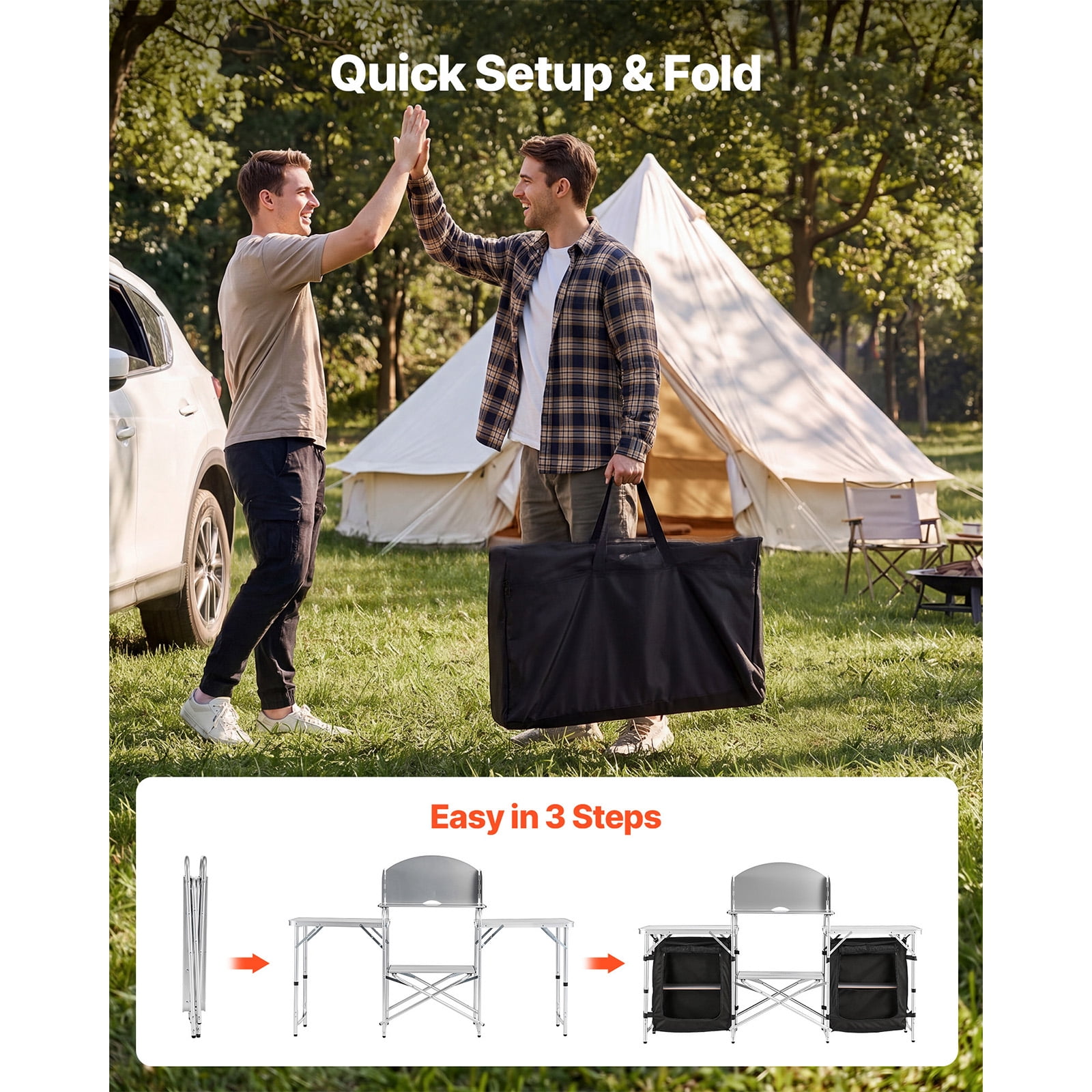 KFFKFF Folding Camping Table, Portable Aluminum Outdoor Table with Quick Setup, Storage Organizer, Detachable Windscreen, and Carry Bag, Perfect for Picnics, BBQs, and Travel
