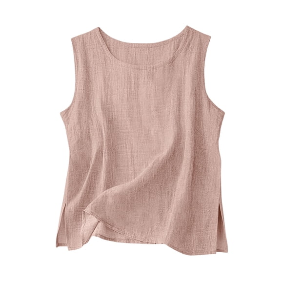 Gamivast Linen Basic Tops for Woman Crewneck Sleeveless Casual Everyday Wear Layering Tanks Loose Fit Solid Pattern Side Split Design Breathable Soft Summer Beach Shirts
