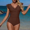 thumbnail image 2 of COMVALUE Women 2026 Tummy Control Color Block Ruffle Sleeve Bathing Suit Full Coverage Slimming Swimsuits Swimwear (S, Coffee), 2 of 6