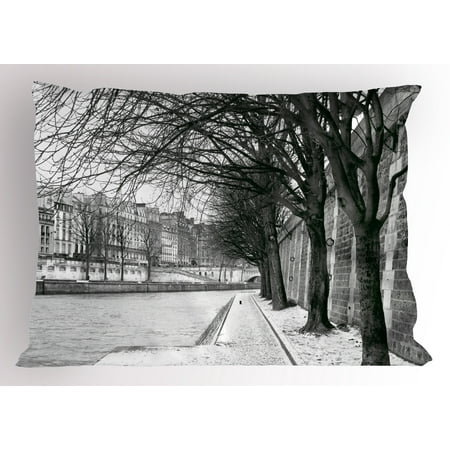 - Black and White Pillow Sham Seine River Paris City France Snowy Winter in the Urban City Trees, Decorative Standard Queen Size Printed Pillowcase, 30 X 20 Inches, Black White Grey, by Ambesonne