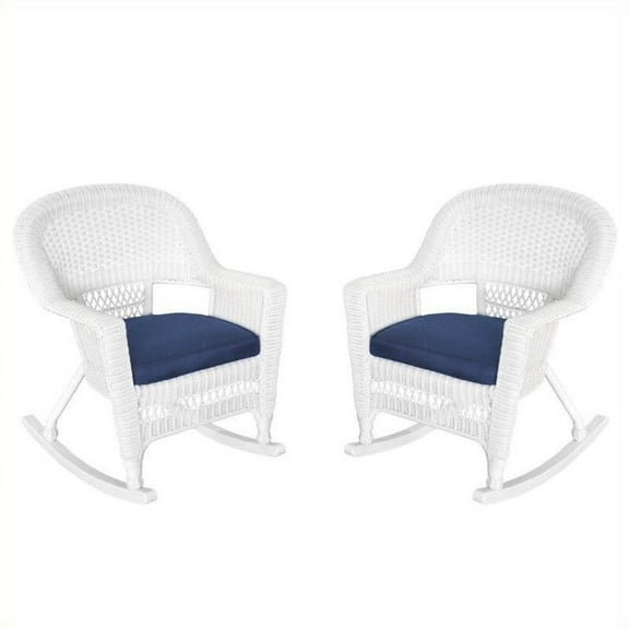 Jeco Rocker Wicker Chair in White with Blue Cushion (Set of 2)