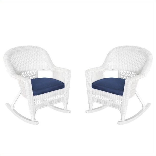Jeco Rocker Wicker Chair in White with Blue Cushion (Set of 2