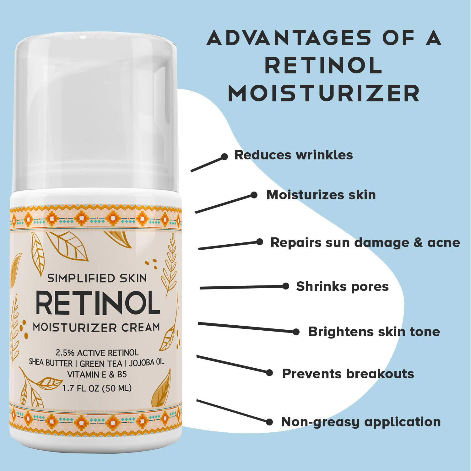 Feje Hele tiden Dekoration Simplified Skin Retinol Face Cream Moisturizer, Vitamin E & Hyaluronic Acid  Face Moisturizer, 1.7 oz. - Walmart.com