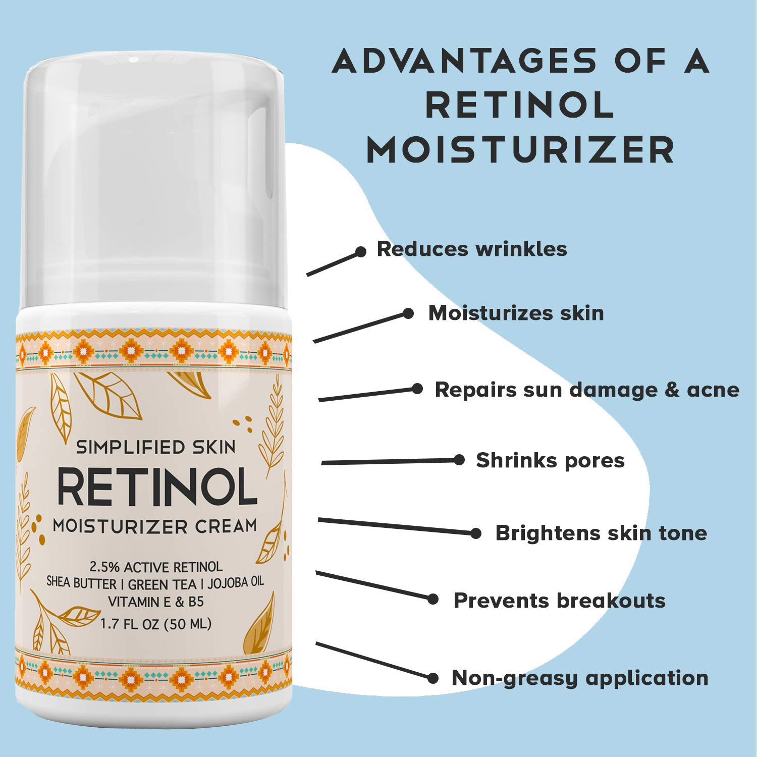 Simplified Skin Retinol Face Cream Moisturizer, Vitamin E & Hyaluronic Acid Face Moisturizer, 1.7 oz. - image 4 of 6