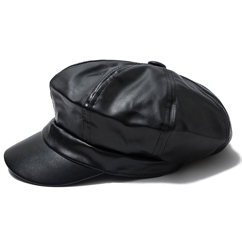 Women Retro Short Brim Berets PU Leather Octagonal Newsboy Cap Hat