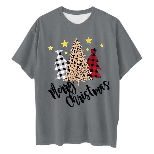 XDZJLR T-Shirts de Noël Mignons pour Femmes Grande Taille Imprimé de Noël Ample Col Rond T-Shirt Haut Graphique des Fêtes Confortable Tenue Décontractée Gris TG
