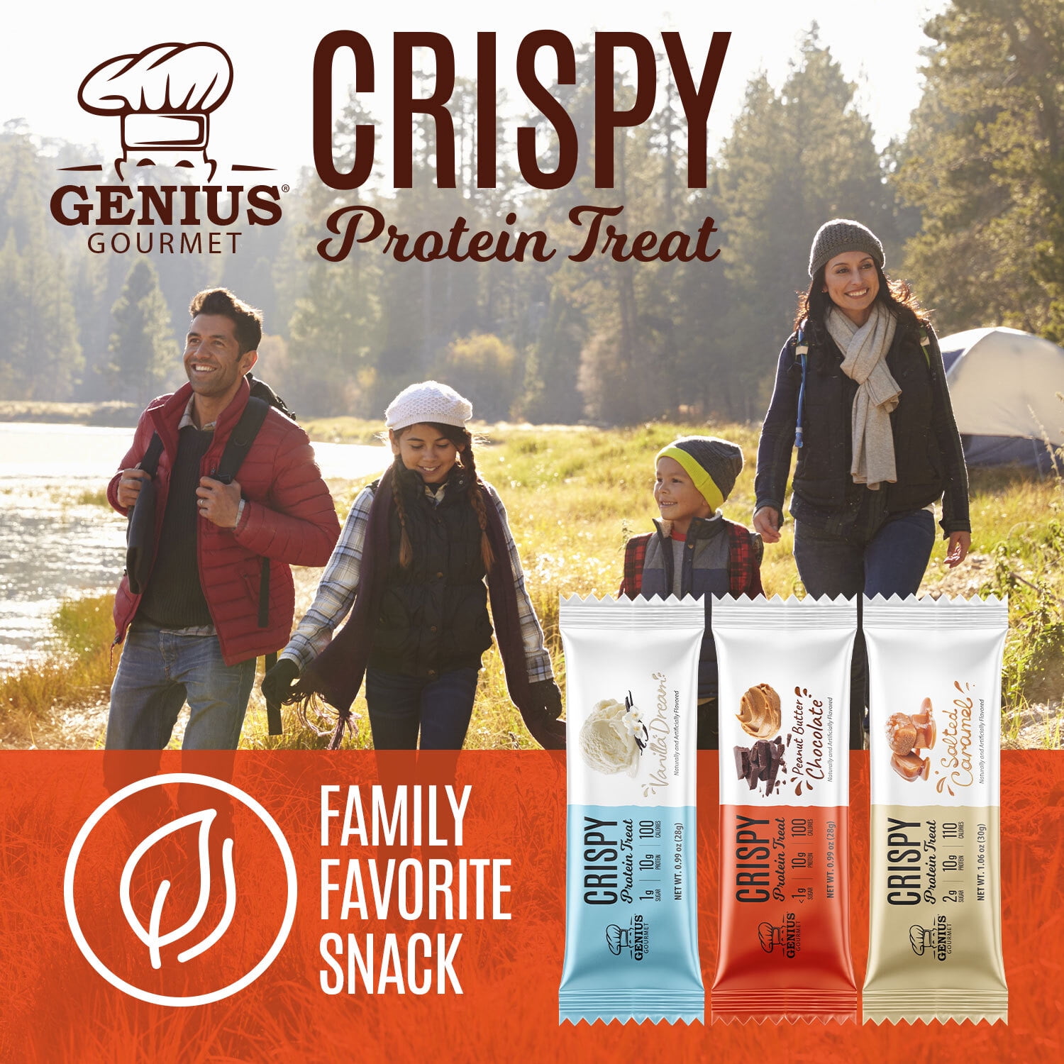 Genius Gourmet Crispy Protein Treat - Peanut Butter Chocolate Low Carb Low Sugar Snacks (10 Protein Bars)