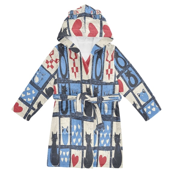 FORMRS Niños Bathrobe Unisex Hooded Robe Soft Plush Pajamas Sleepwear, Size 2-3T, Black Cats and Hearts
