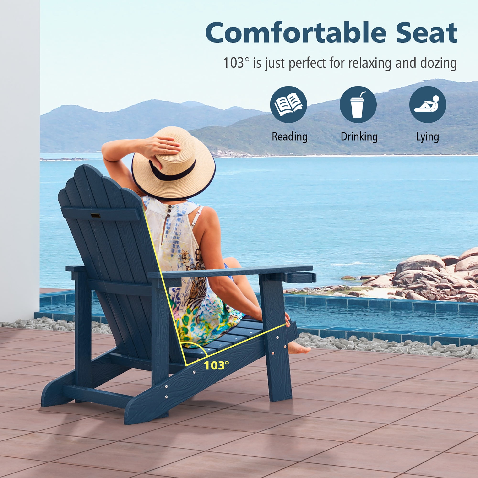 Gymax Patio HIPS Outdoor Weather Resistant Slatted Chair Adirondack Chair w/ Cup Holder Navy
