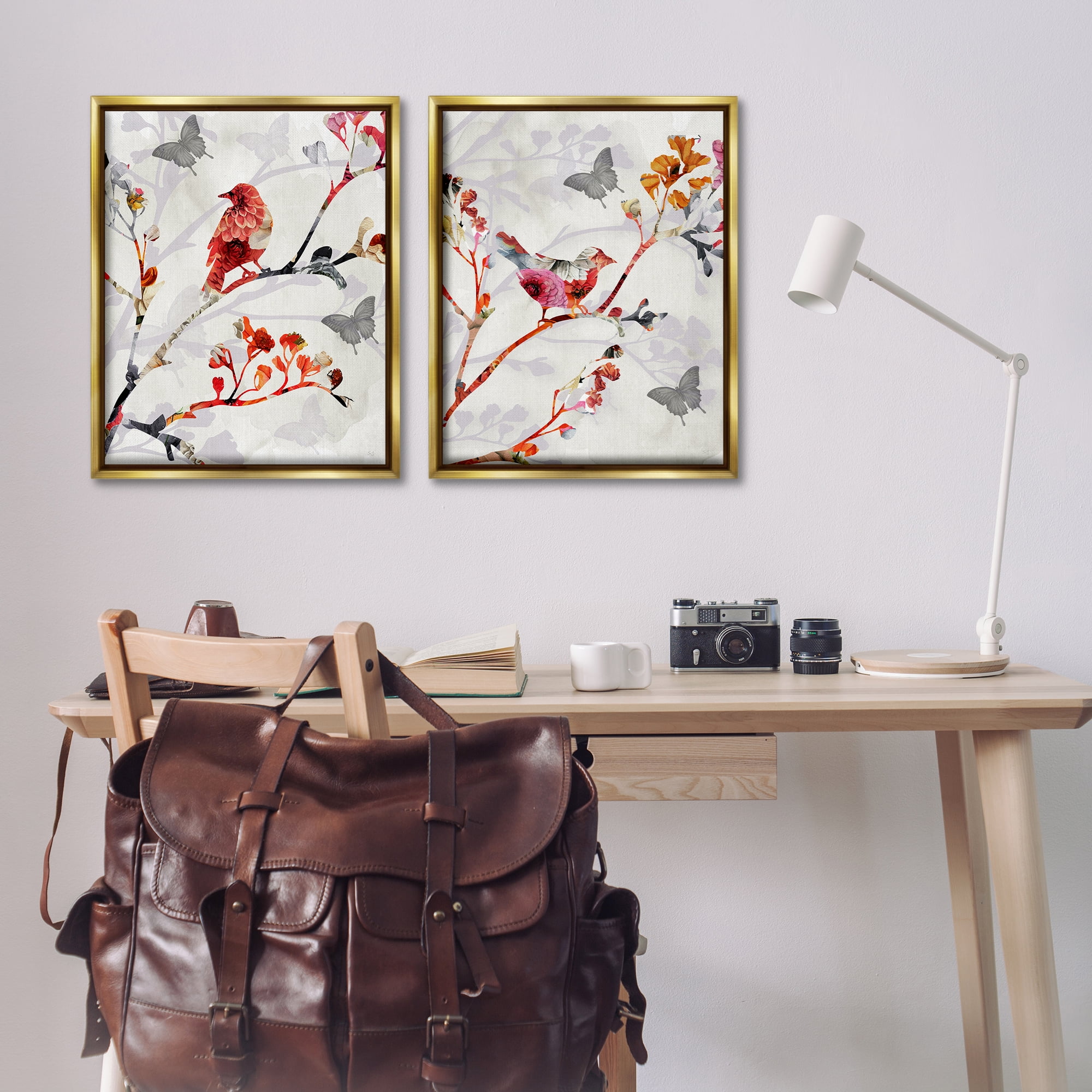 Stupell Industries Flower Birds on Branch Animals Painting Gold Floater Framed Canvas Art Print Wall Art, 31 x 25, Set of 2