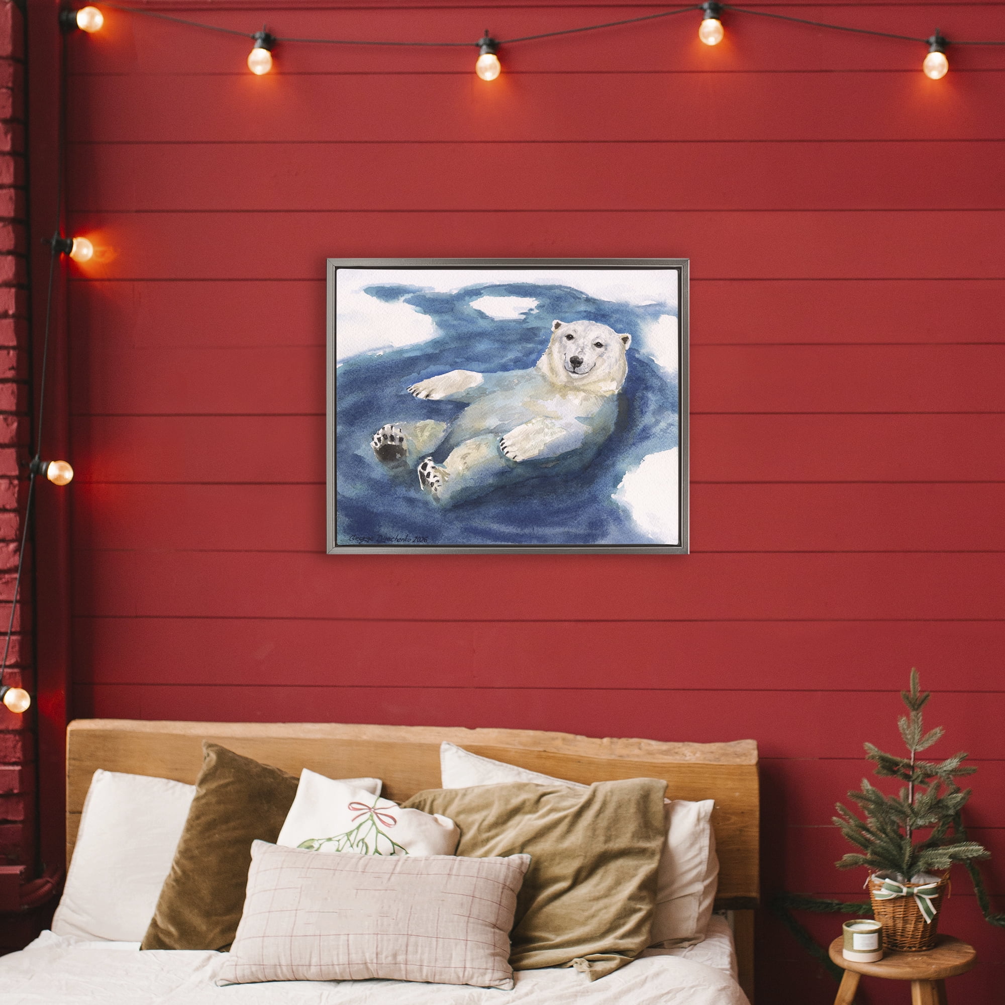 Stupell Industries Polar Bear Icy Bath Time Gray Framed Floater Canvas Wall Art, design by George Dyachenko