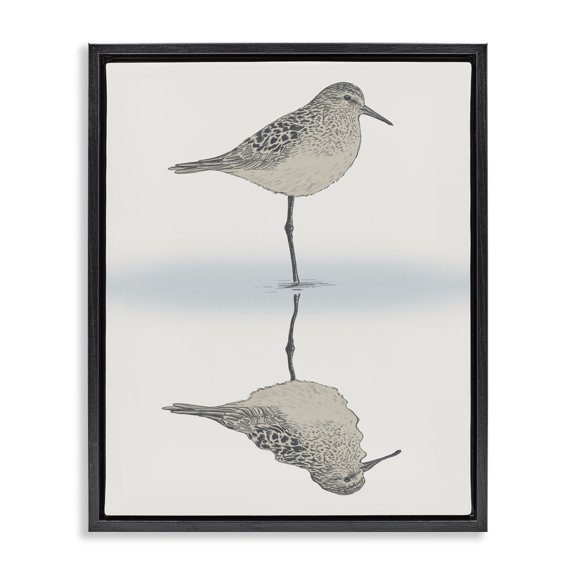 Stupell Industries Scandinavian Soothing Sandpiper Bird Standing Ocean Shoreline Reflection Black Floating Frame Canvas Art, 17 x 21, by Ziwei Li