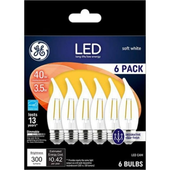 General Electric 93107093 4W Medium Candelabra LED Bulbs, Clear - Pack of 6