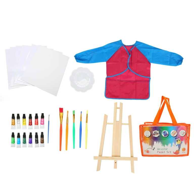 Meterk 39pcs Kids Art Drawing Set 24 Vibrant Colors Acrylic Paint with 6 Brushes/Paint Palette/Easel/Painting Smock Color Mixing Chart for Kids/Teens/