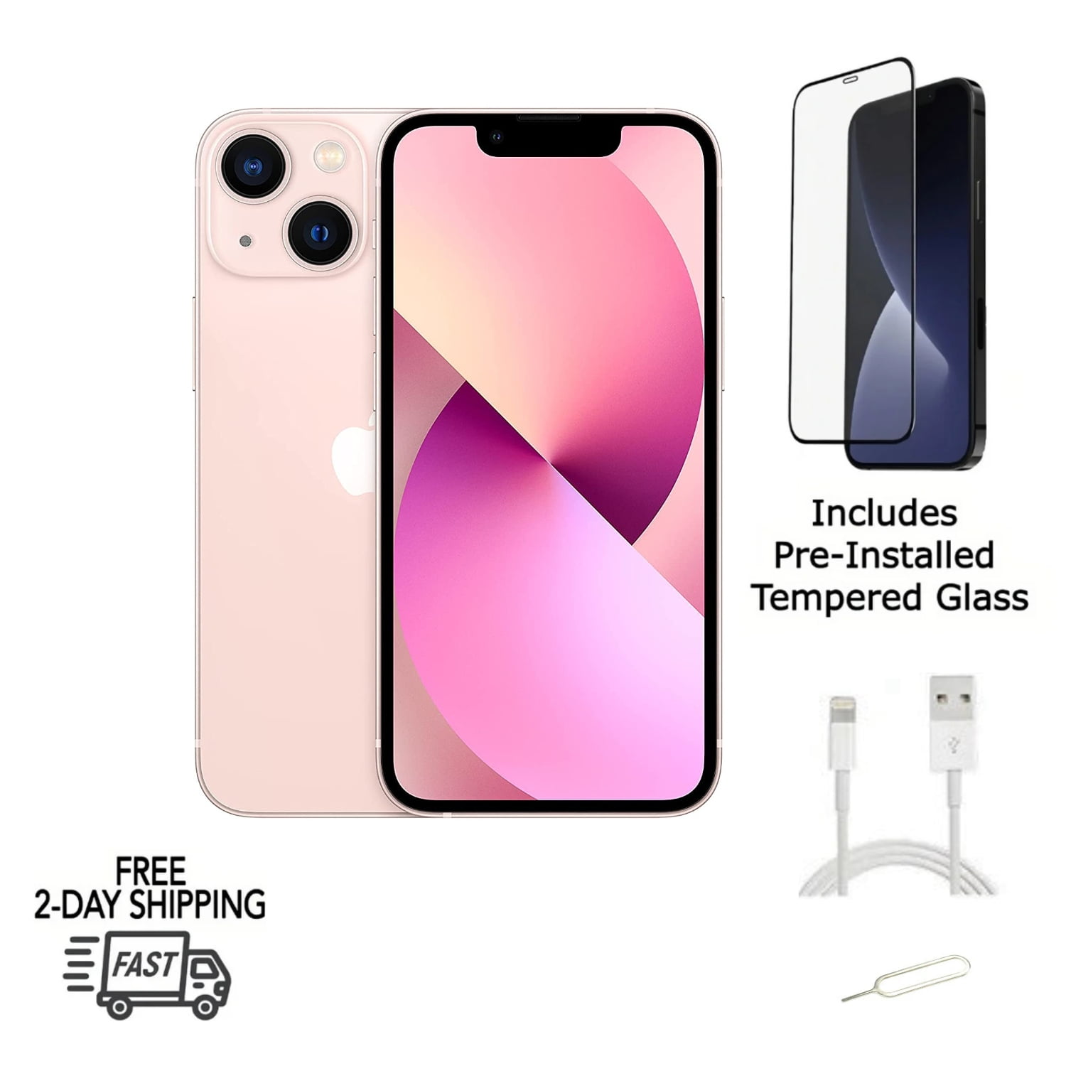 Restored Apple iPhone 13 Mini (Fully Unlocked) 128GB Pink (A2481) Bundle with Pre-Installed Tempered Glass (Refurbished)