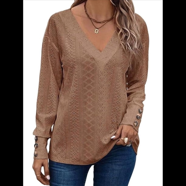 Blusas Elegantes e Informales para Mujer, con Cuello en V, Larga, Botones, Encaje Calado y Bordado. Color Café L
