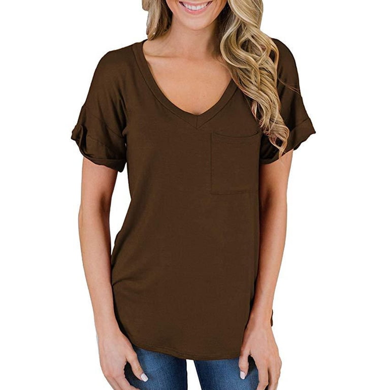 OEAK Women's V Neck T-Shirt - Summer Double Lined Slim Fit Tee, Short Sleeve Going Out Top