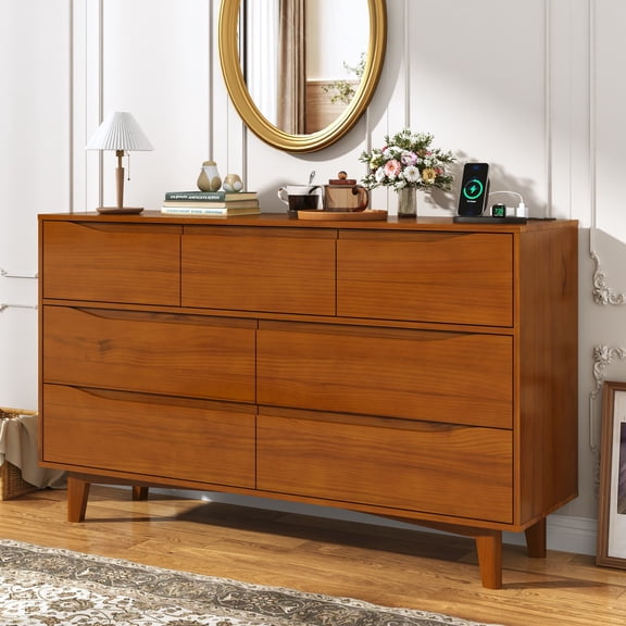 Blotout Solid Wood Dresser for Bedroom, 55"W x 33"H Mid Century Modern 7 Drawer Dresser with Charging Station, Handleless Wood Chest of Drawers for Living Room Entryway Hallway