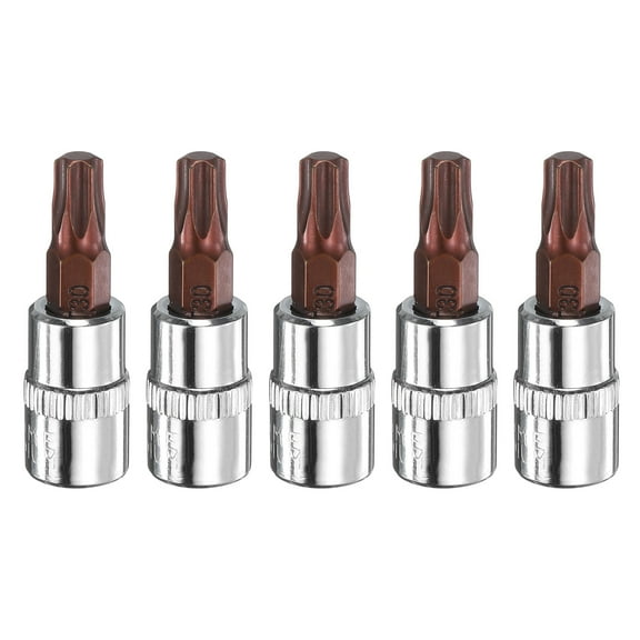 Uxcell 5pcs T30 Torx Bit Socket 1/4" Square Drive Star 6 Point Extension Impact Bit Power Nut Driver Set S2 & CR-V Steel Socket Ratchet Wrench Bits, Silver Red