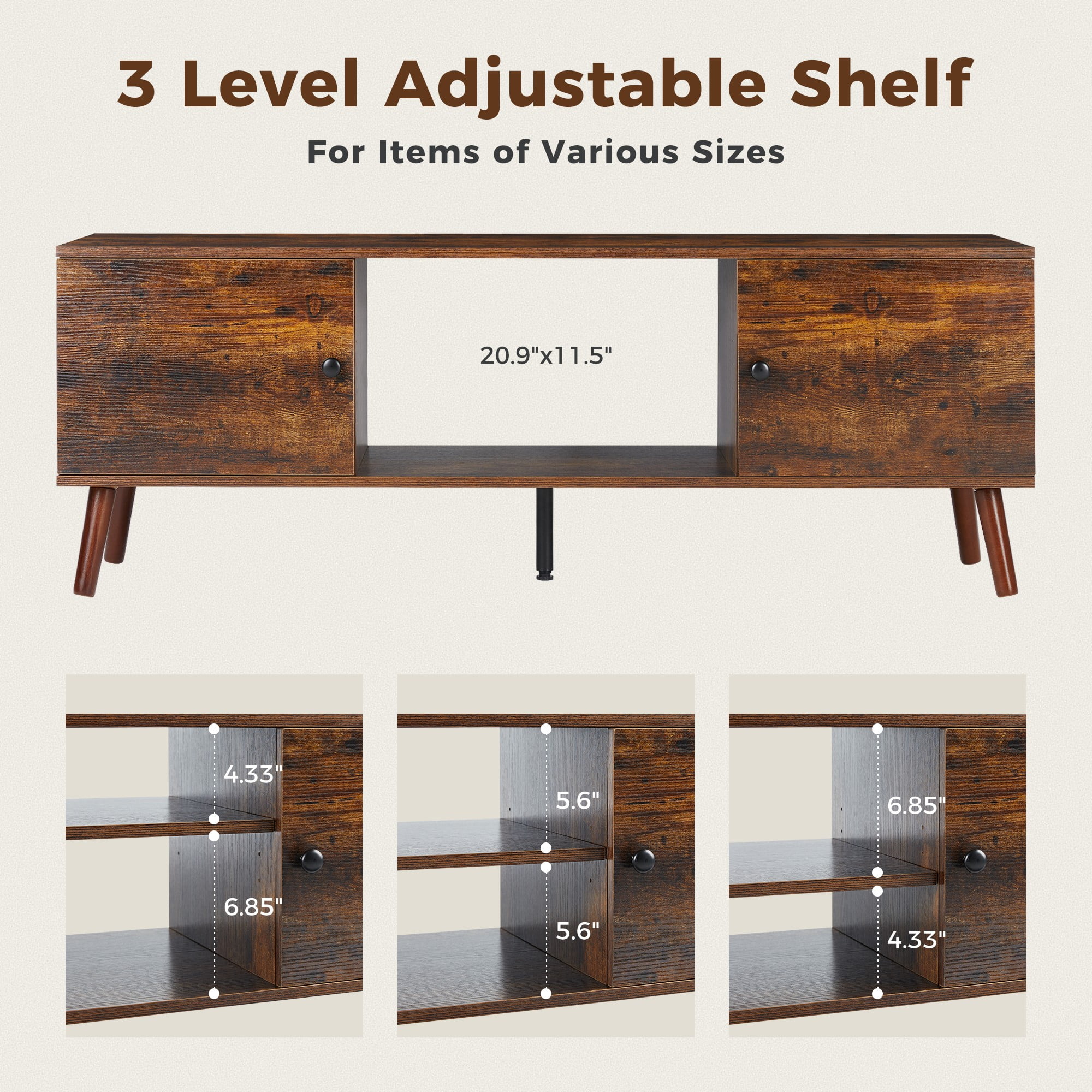 GIANNA Mid-Century Modern Wooden TV Stand for 55-60” TVs, 2 Storage Cabinets, Adjustable Shelf, Cable Management, Sturdy Legs, Easy Assembly, Rust Brown