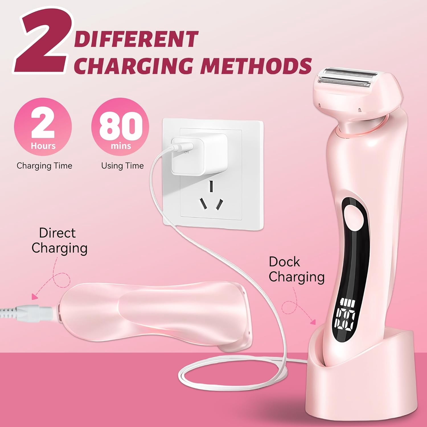 Electric Razor for Women, 2 in 1 Wet & Dry Painless Removal Shaver with Detachable Head, Base and LED Display, IPX7 Waterproof Long Battery Life Hair Removal for Underarm ArmBikini Legs Face (Pink)