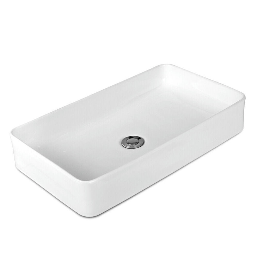 Finihen Bathroom Vessel Sink, Rectangle Ceramic Basin, 24 x 14 Inch Rectangle Bathroom Vessel Sink with Pop-up Drain, White