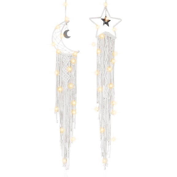 Boho Decor Dreamcatcher Star Moon Lighted, Wall Hanging for Home Decor - Set of 2, White