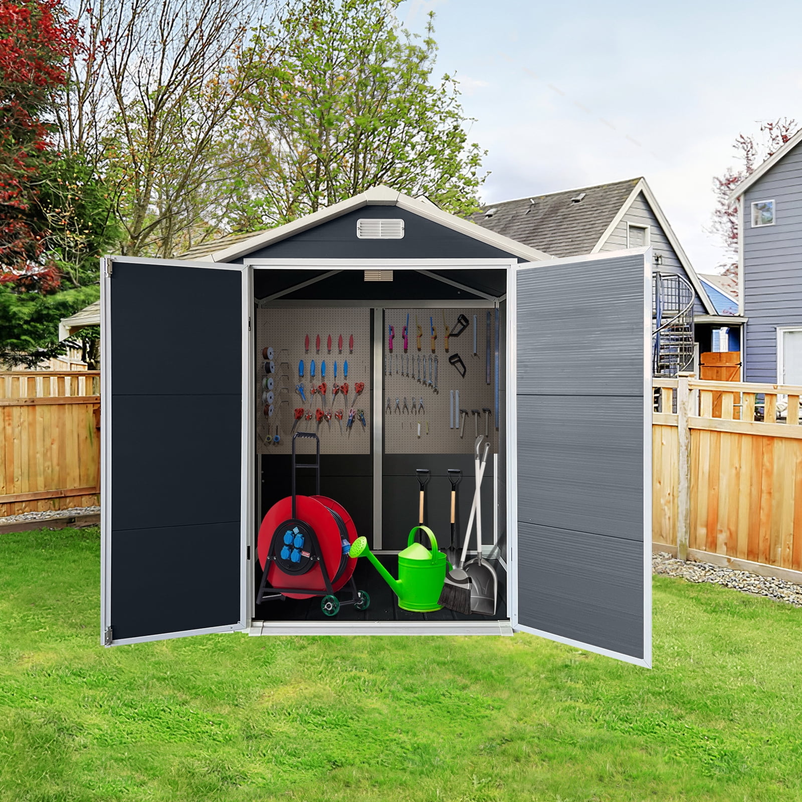 Mintazer 6×4ft Outdoor Storage Shed with Floor, Large Garden Tool Storage Building with 2 Lockable Door & Window, Weatherproof Bike Shed for Backyard Lawn Patio, Cold Gray
