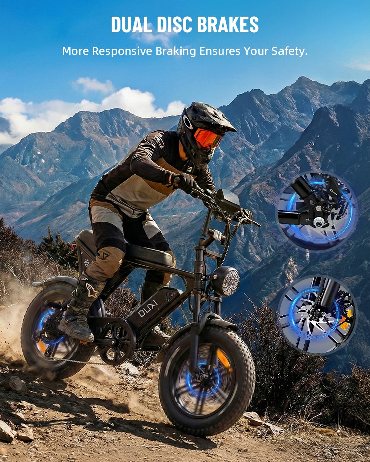 OUXI V8 MINI Electric Bike for Adults, 500W Peak E-Bike with 16" Fat Tires, Removable Battery Options 10.4Ah 7-Speed Electric Bicycle with Dual Disc Brakes