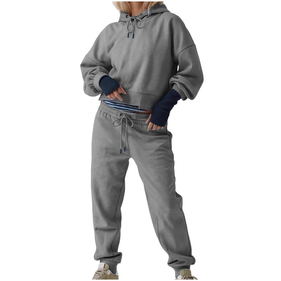 LEBONYARD Women's Trendy Clearance Sweatshirts And Sweatpants Set Drawstring Hooded Sweatshirts Solid Color Pullover Sweatshirts And Loose Sweatpants