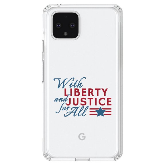 DistinctInk Clear Shockproof Hybrid Case for Google Pixel 4 XL (6.3" Screen) - TPU Bumper Acrylic Back Tempered Glass Screen Protector - With Liberty and Justice For All