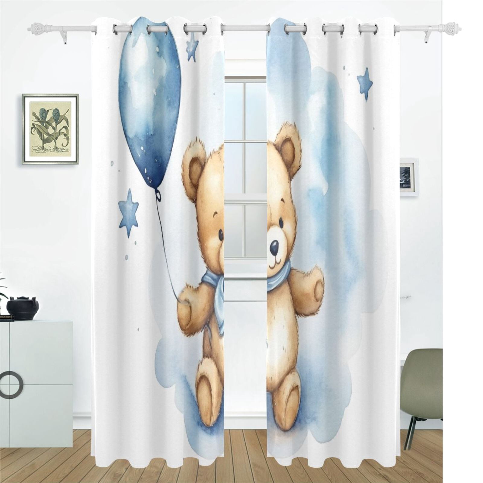 Bear Balloon and Stars Black Out Curtains 72 Inch Length Curtains for Sliding Glass Doors Bedroom Living Room 2 Pack