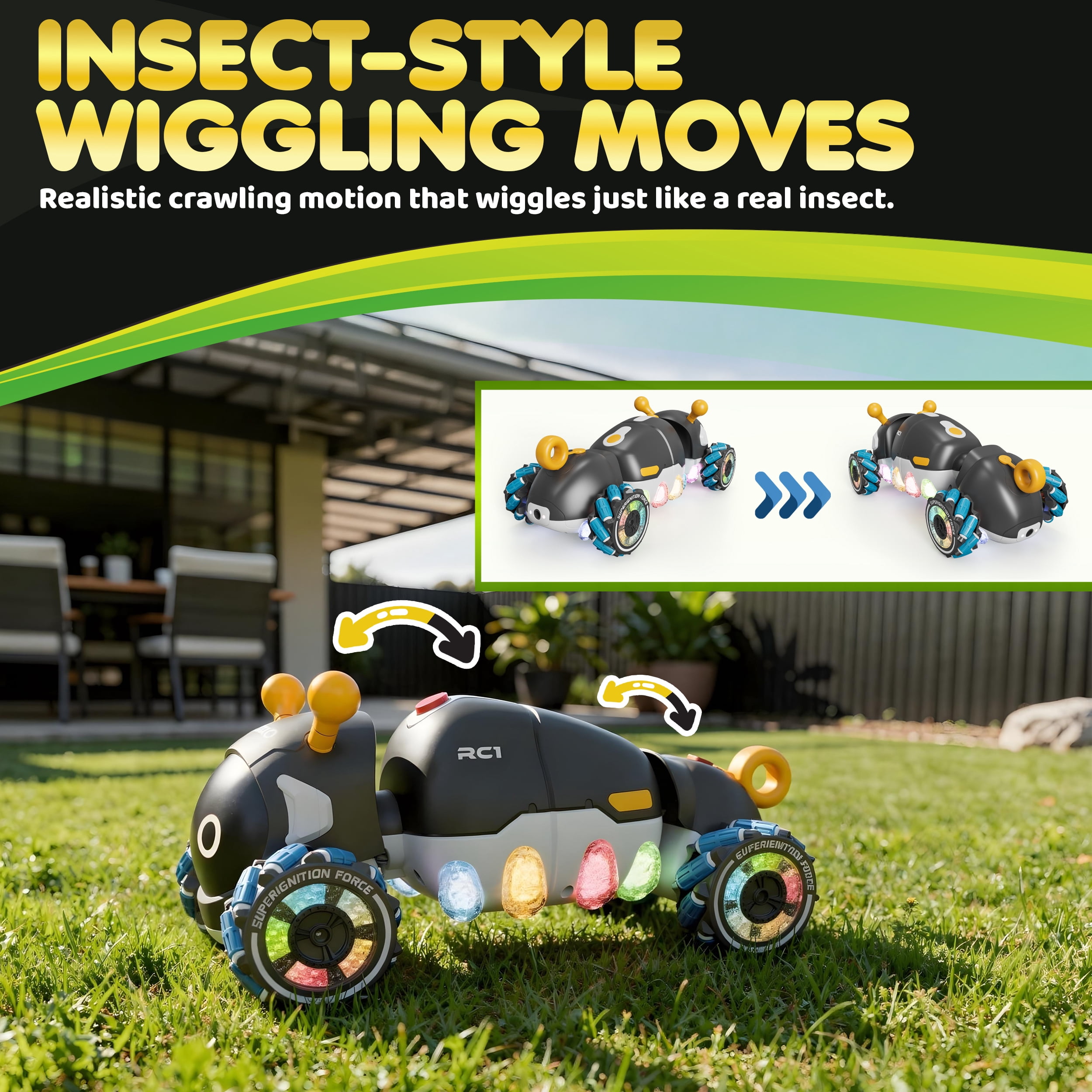 Contixo RC1 Mech Stunt RC Caterpillar Car – Kids Remote Control Car, Omni-Directional 360° Spins, Mist Spray, LED Lights, All-Terrain Stunt Vehicle, Torsion Body, 2.4GHz Remote – Black