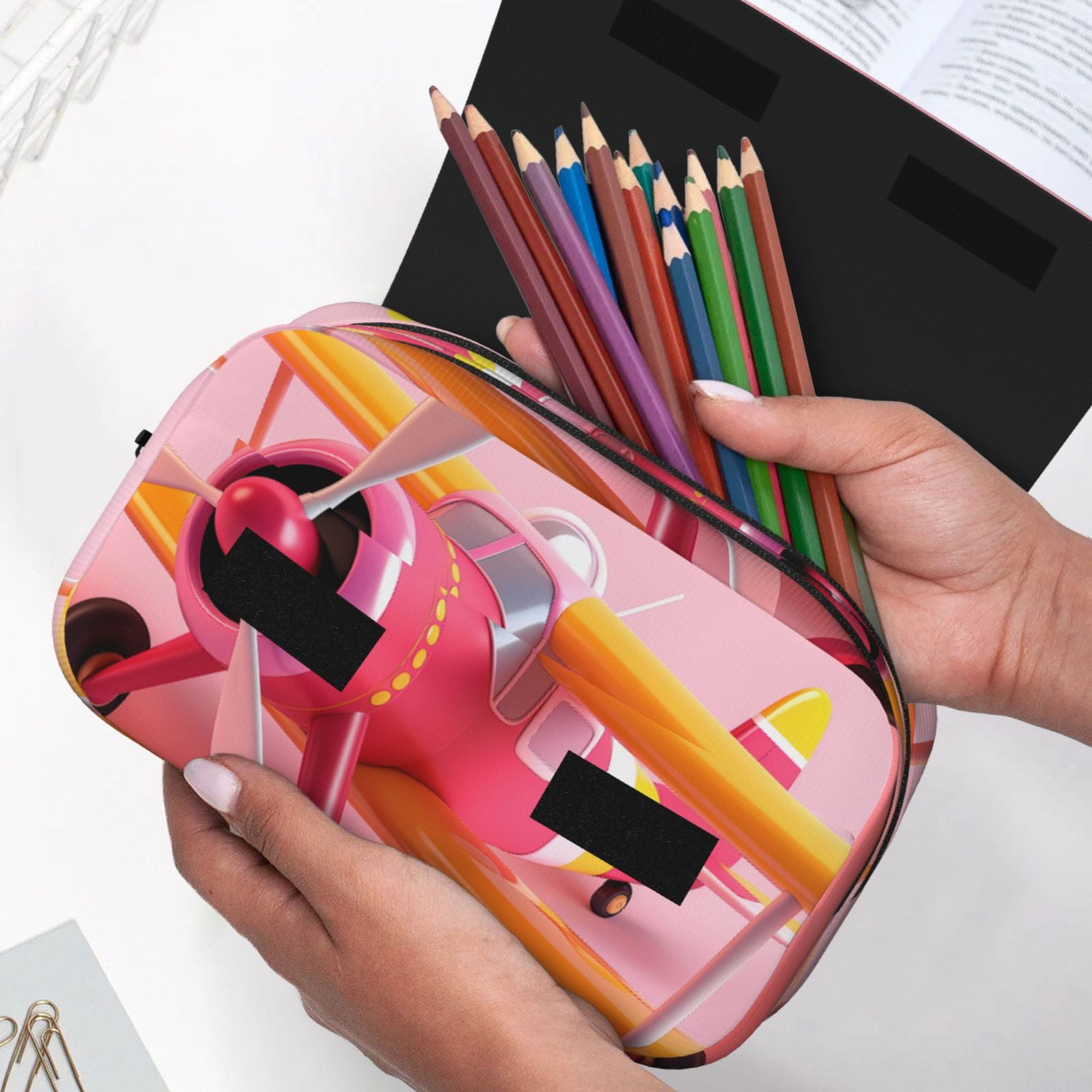 Rateoe Colorful Cartoon Biplane Pattern Double Clamshell Pen Case, Storage Organizer with Two Zipper Compartments– Holds Up to 50 Pencils & Pens