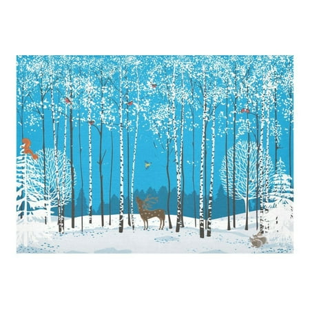 

MYPOP Christmas Winter Blue Birch Tree Deer Cotton Linen Tablecloth Set 60x84 Inches - Animal Bird Forest White Snow Desk Table Cloth Cover for Wedding Holiday Party Decoration
