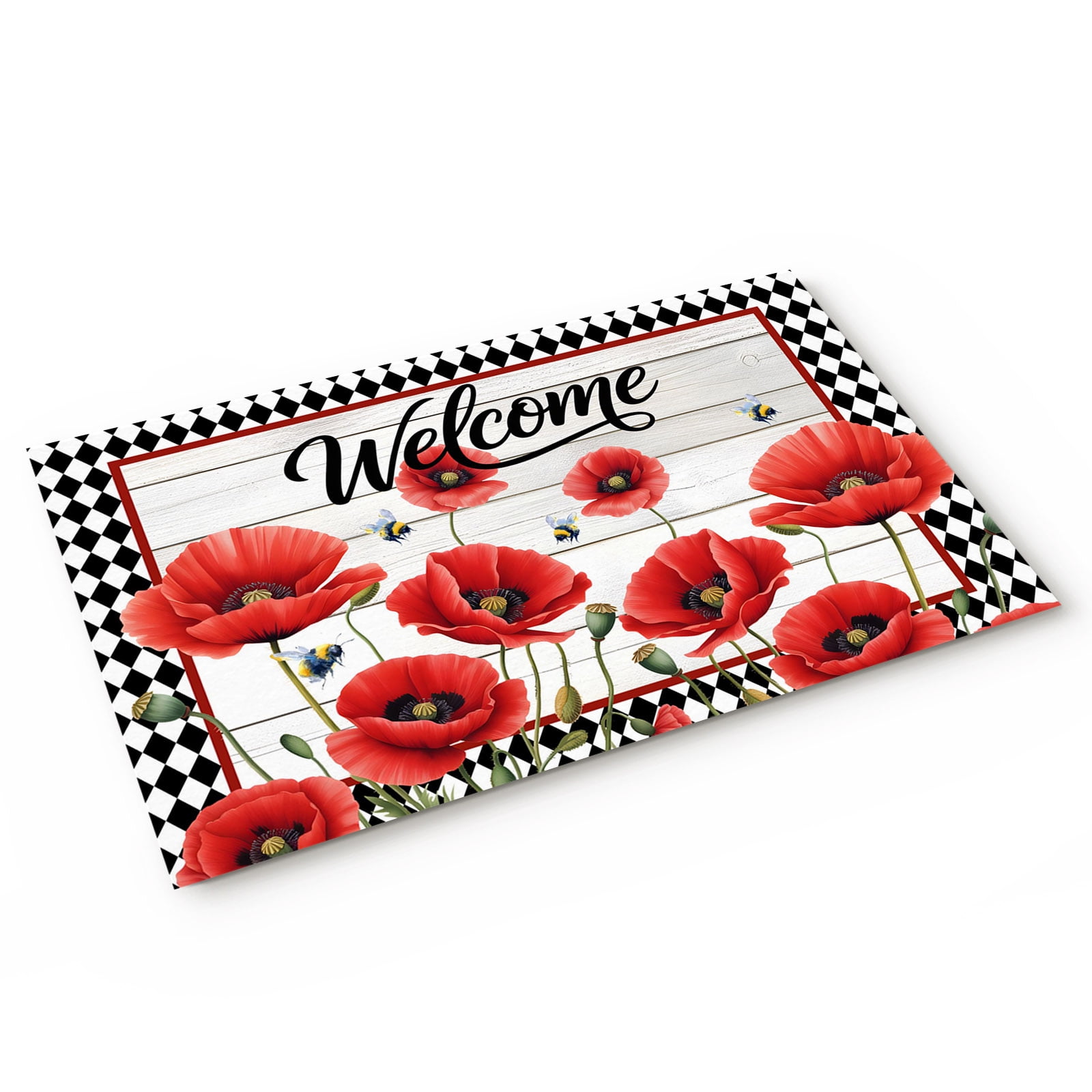 Doormat Bee Red Poppy Doormats Entrance Door Rug Black Diamond Wood Welcome Floor Mat Welcome Front Door Mat for Indoor Outdoor Kitchen Home Decor 18x30 Inch