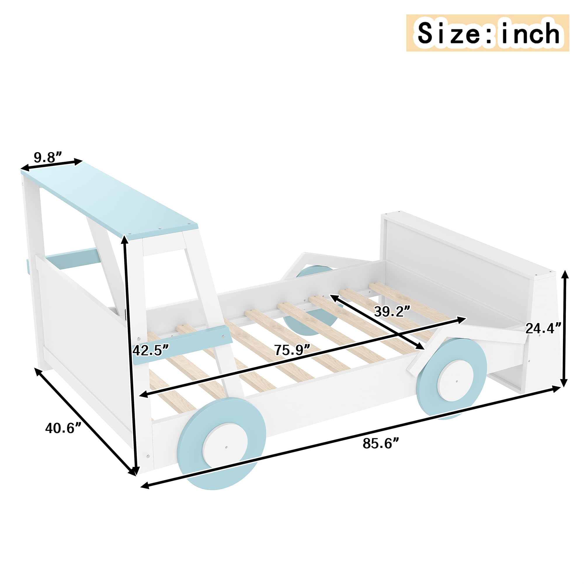 Mintazer Twin Car-Shaped Bed with Storage Shelves, Kids Platform Bed with Safety Rails for Toddler Bedroom, White & Blue