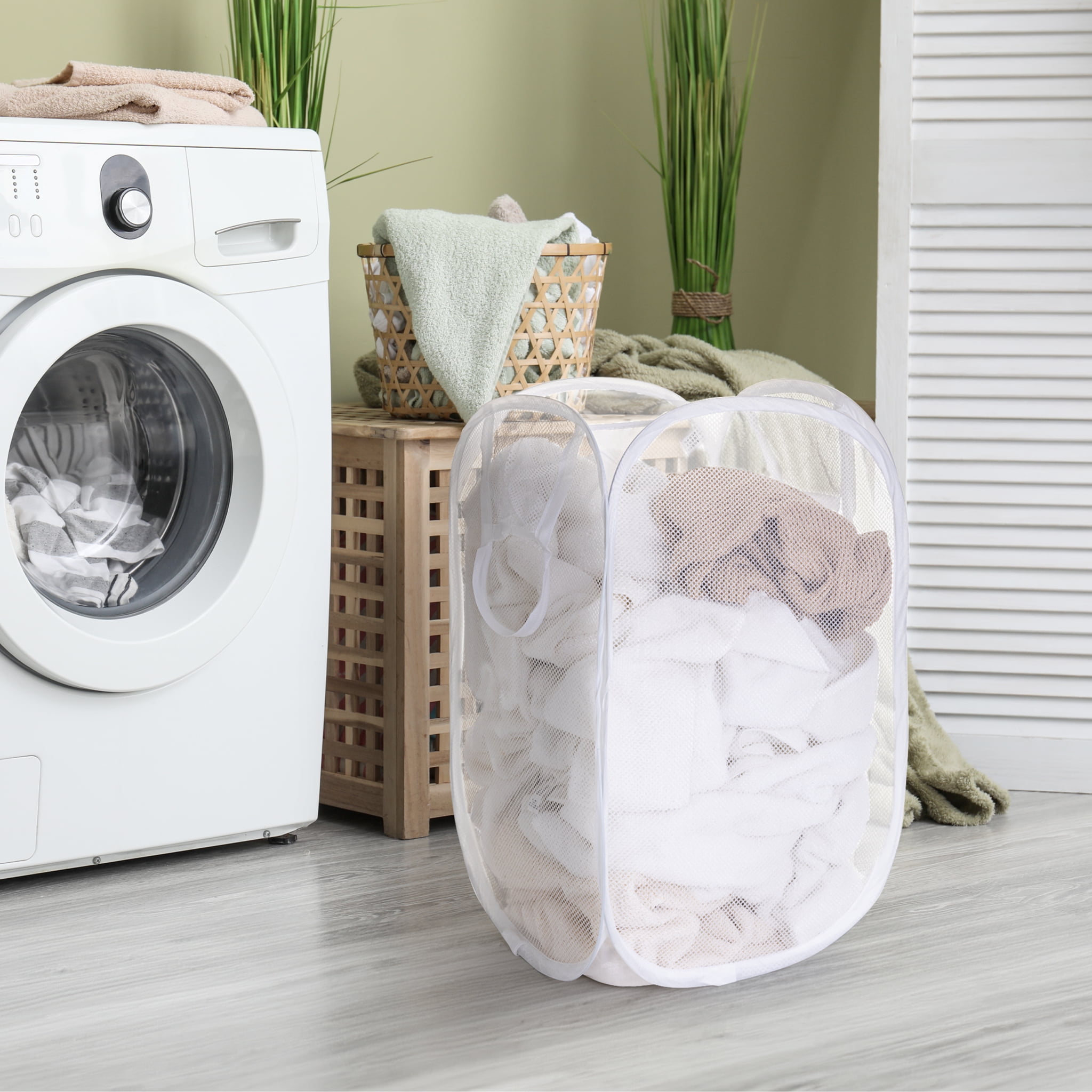Mainstays Mesh Pop-up Hamper, Collapsible, Holds 2 Loads, White, Adult