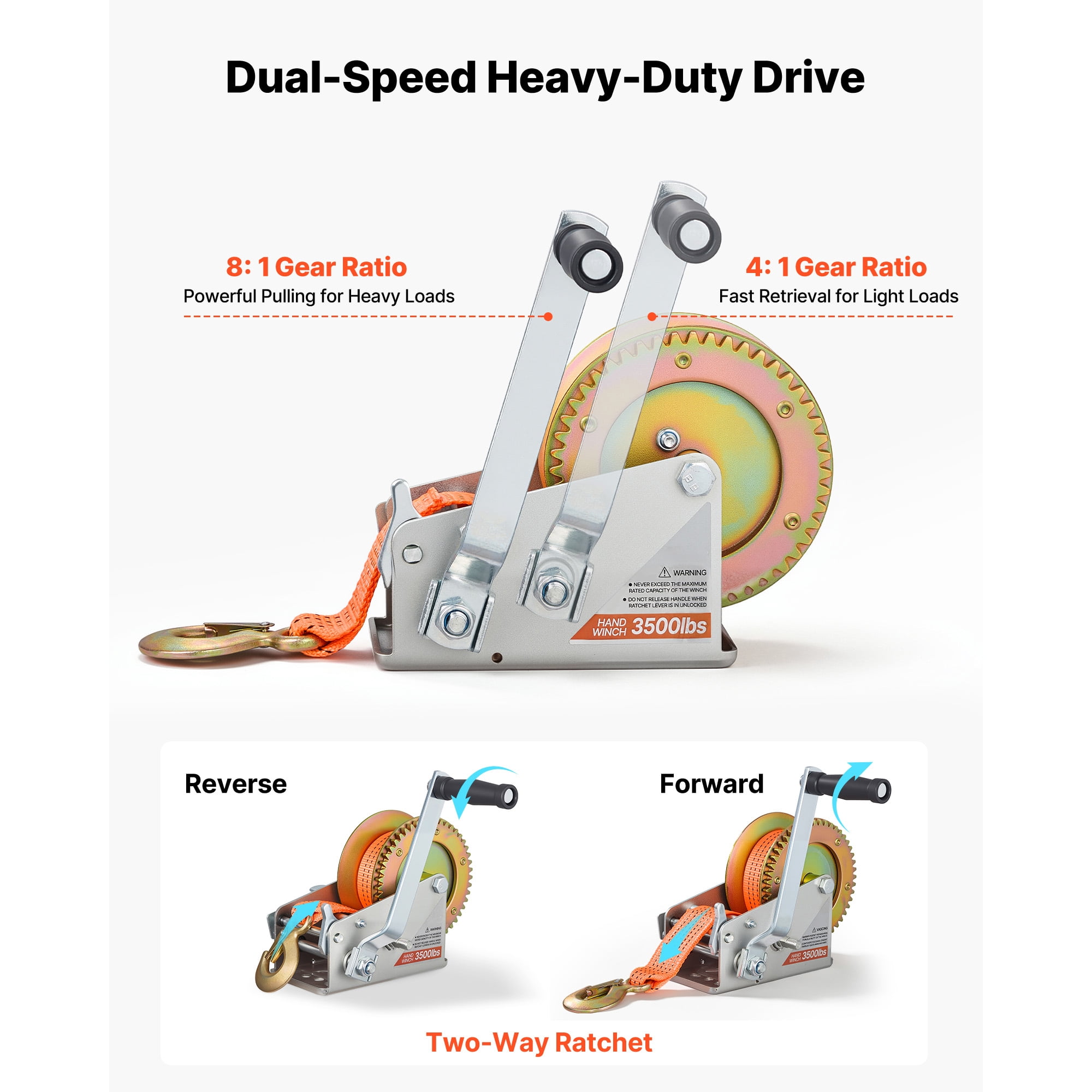 KFFKFF 3500 lbs Manual Boat Winch with 20ft Orange Polyester Strap, Two-Way Ratchet, Dual-Speed Option, and Anti-Slip Handle for Towing Boats, Trailers, and ATVs