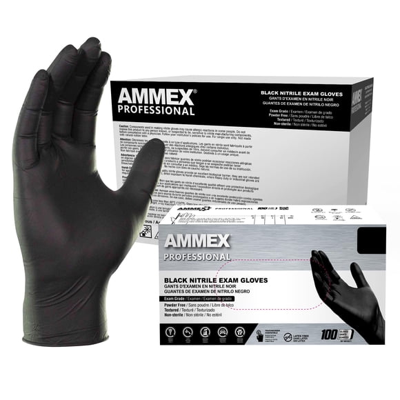 Ammex Black Nitrile Disposable Exam Gloves, 3 Mil, Latex & Powder Free, Textured, Large, Case of 1000